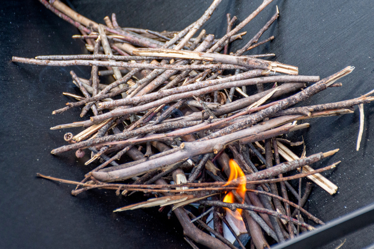 Small twigs are gathered and beginning to burn inside of a black metal fire pit.