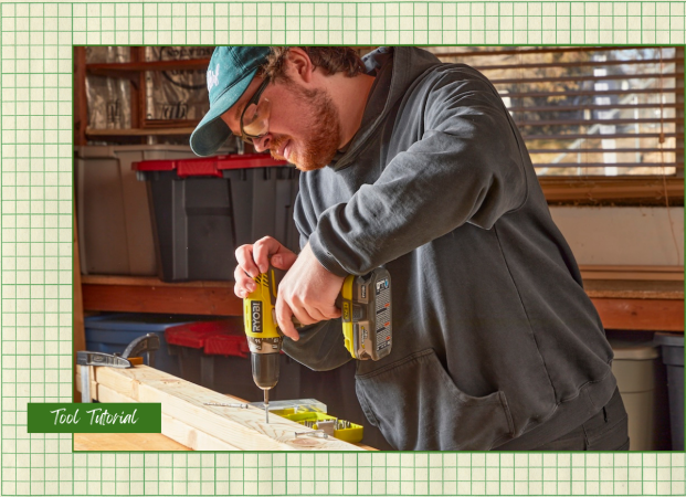 A DIYer using a drill/driver for a home improvement project with a graphic overlay that says Tool Tutorial.