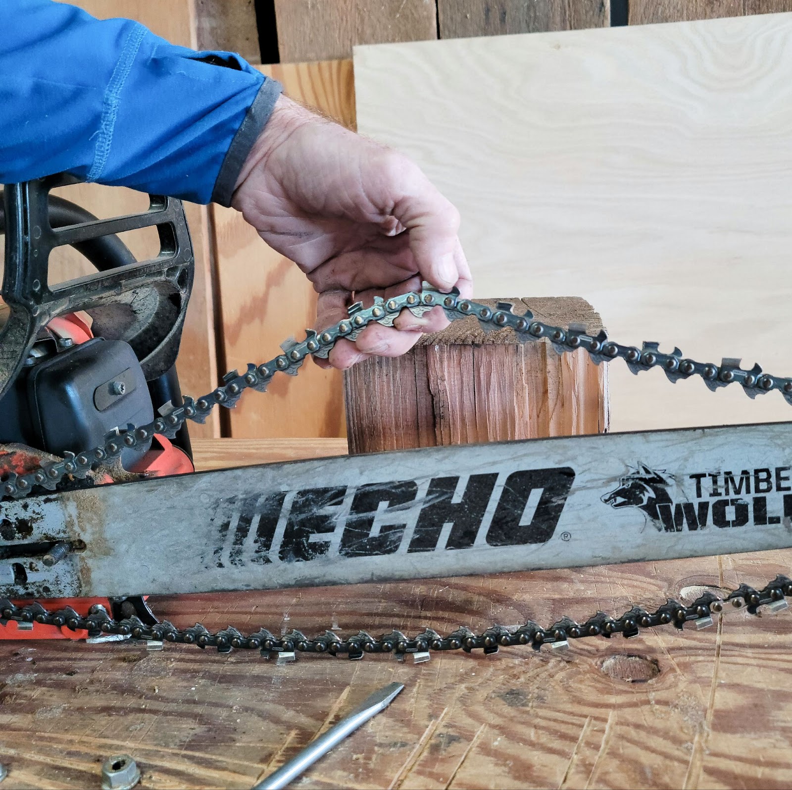 Man pulls chainsaw chain up away from the chainsaw bar.