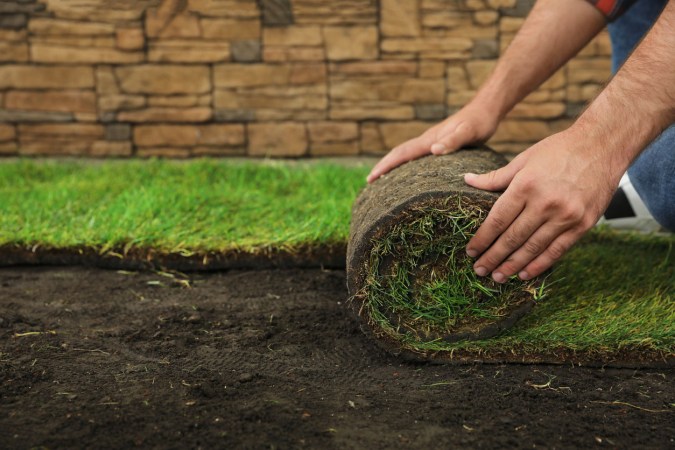 A person unrolls a roll of sod on a dirt surface.