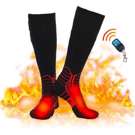  The Dr.warm Wireless Heated Socks with an illustration of flames and a remote.