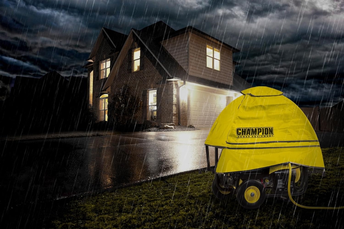 A portable generator with a yellow cover is powering a home during severe weather.