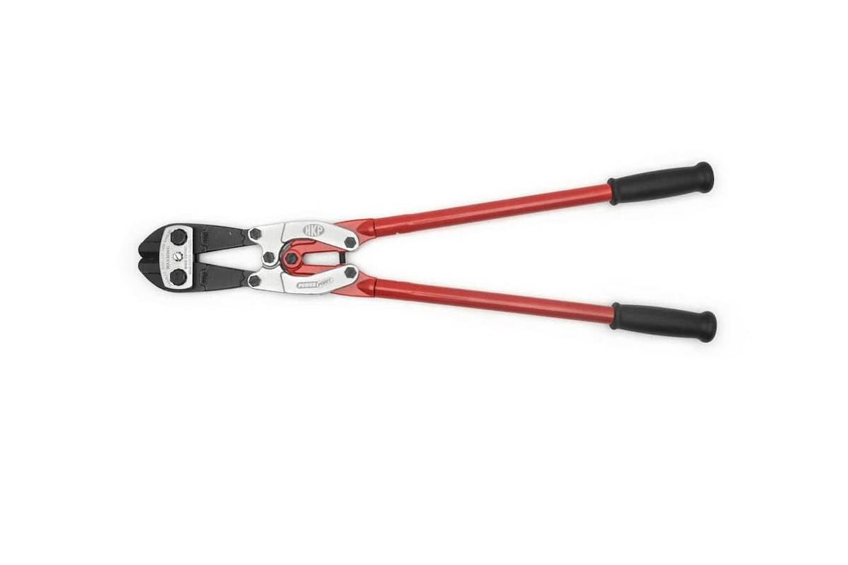 A red and black bold cutter resting horizontally on a white background.