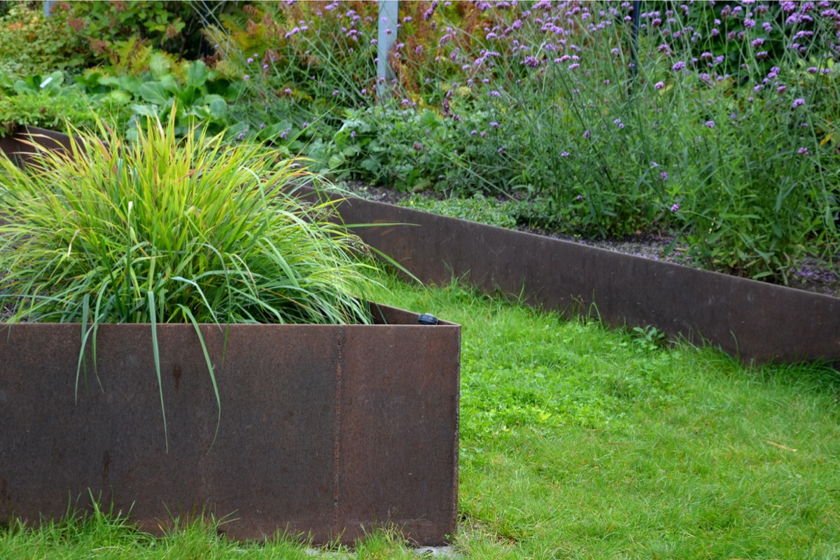 A fresh and green yard with rusted metal planter. 