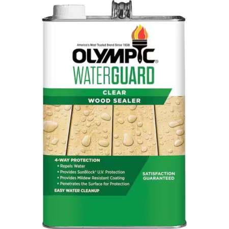  A can of Olympic WaterGuard Clear Wood Sealer on a white background.