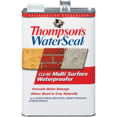  A can of Thompson’s WaterSeal Clear Multisurface Waterproofer on a white background.