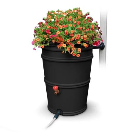  EarthMinded 45-Gallon Planter Rain Barrel and Hose on a white background