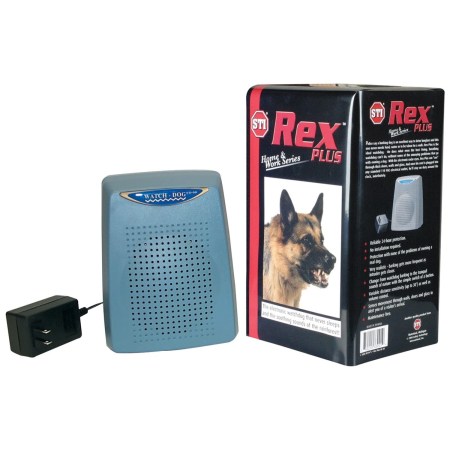  STI Rex Plus Electronic Watchdog next to its box on a white background