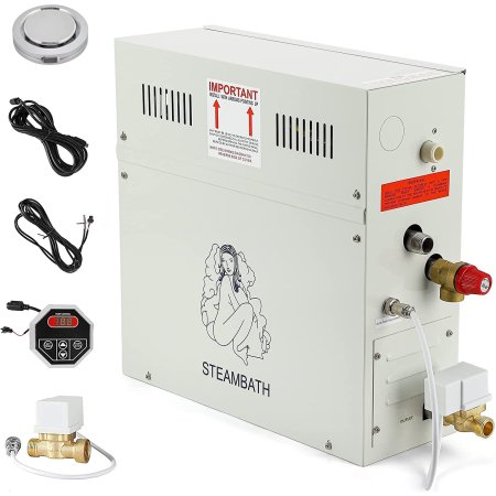  The CGoldenwall 9 kW Luxury Self-Draining Steam Generator and its accessories on a white background.