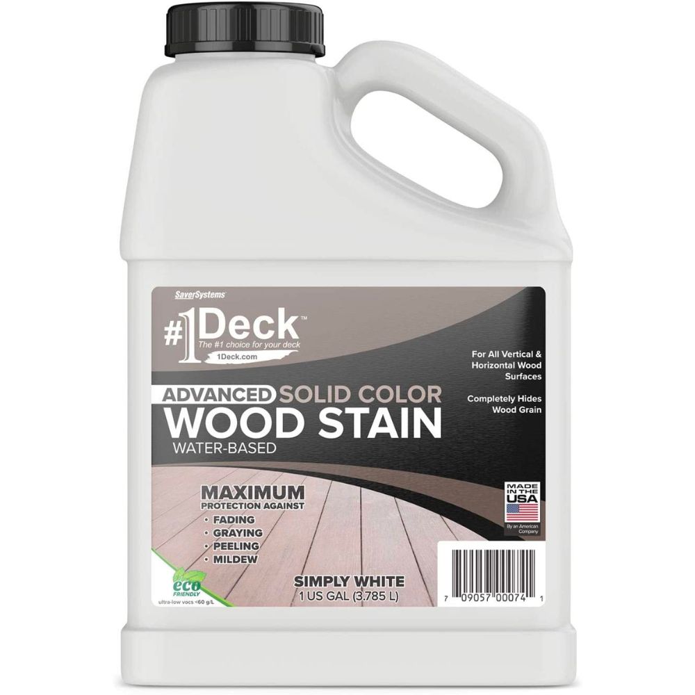  A jug of SaverSystems #1 Deck Advanced Solid Color Wood Stain on a white background.