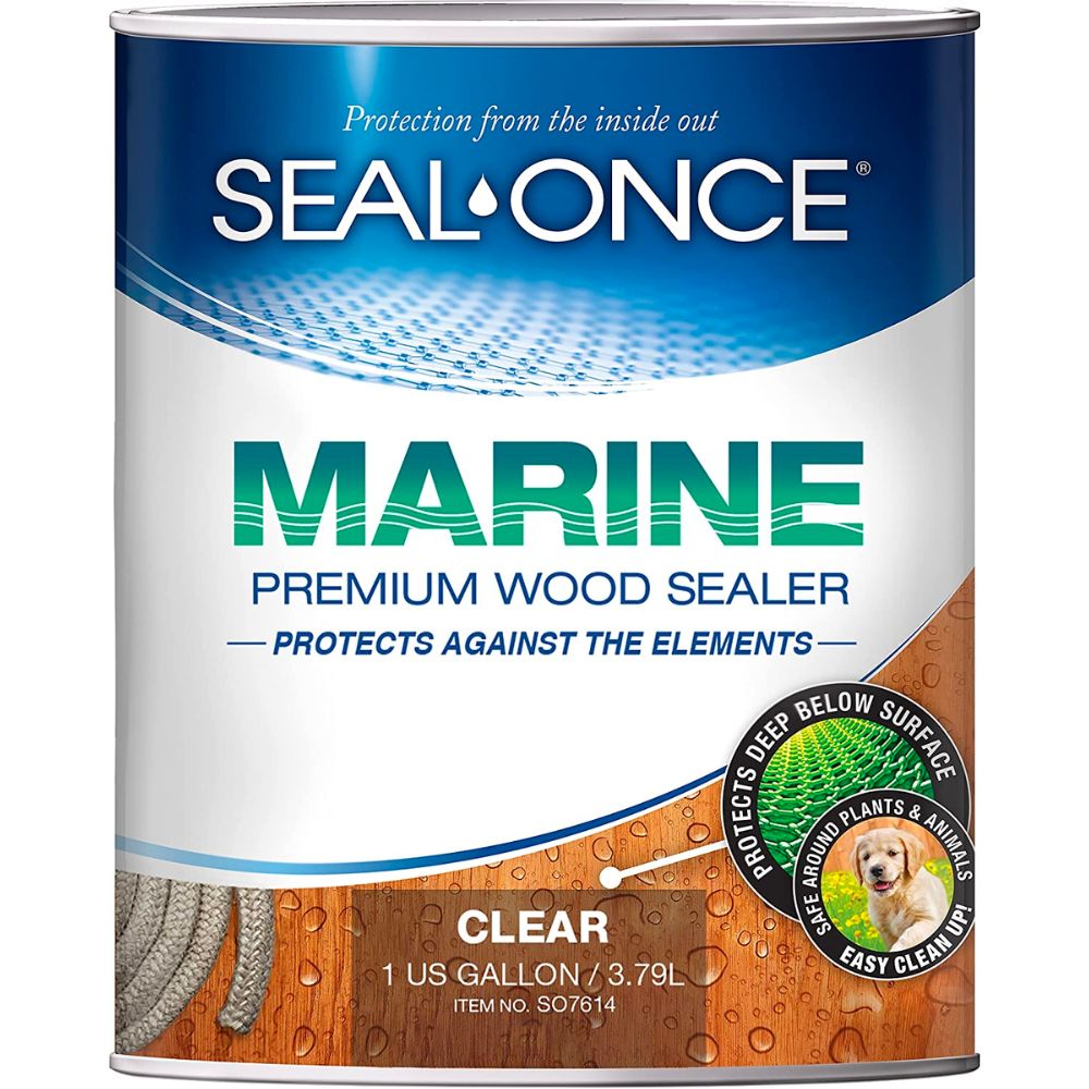  A can of Seal-Once Marine Premium Wood Sealer on a white background.