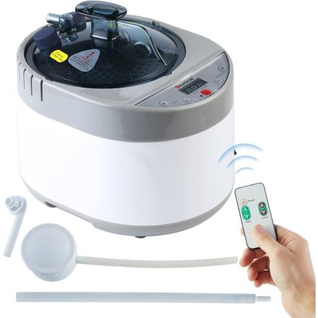  The Smartmak Portable Sauna Steamer on a white background with included accessories and a hand pressing a button on the remote.