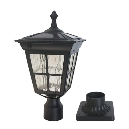  Kemeco LED Cast Aluminum Solar Post Light Fixture next to its stand on a white background