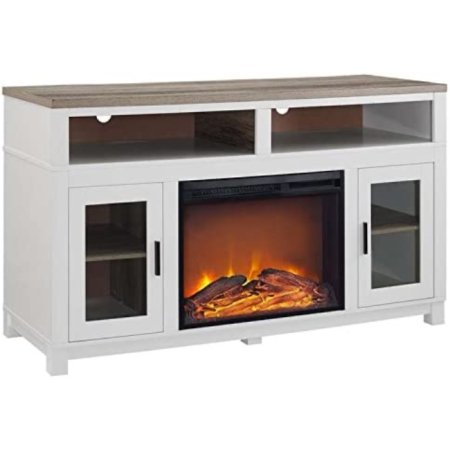  The Ameriwood Home Carver Electric Fireplace TV Stand with a glowing fire and a white background.