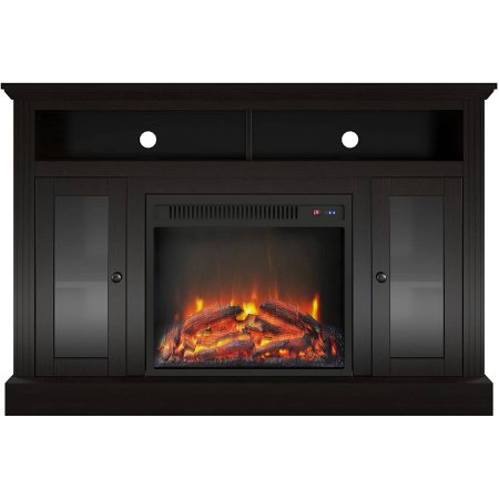  The Ameriwood Home Chicago Electric Fireplace TV Console with a glowing fire inside.