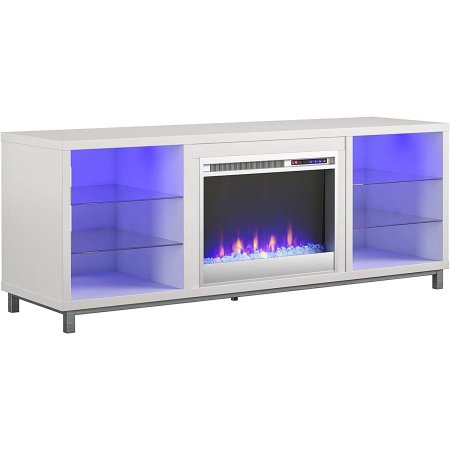  The Ameriwood Home Lumina Deluxe Fireplace TV Stand with a glowing fire inside and shelves lit in blue.