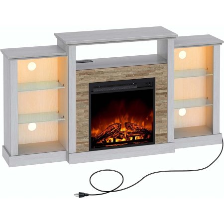  The Rolanstar Fireplace TV Stand With LED Lights with a glowing fire, lit shelves, and cord.