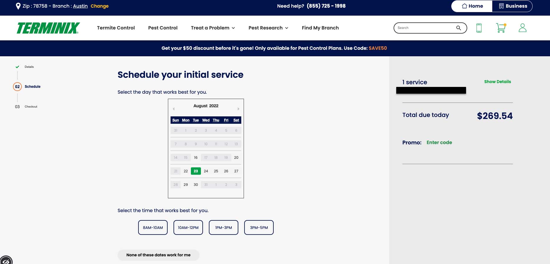 A screenshot of Terminix's website page where customers can go to schedule service. There is a "total due today" on the right side of the page.