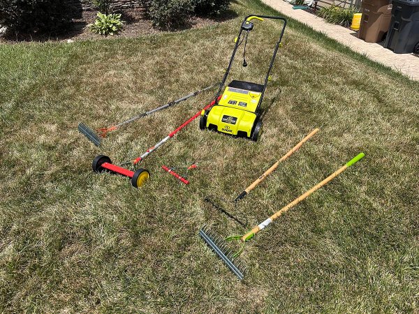 Six of the Best Dethatching Rake Options laying on a grass lawn