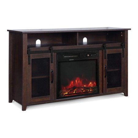  The Enstver TV Stand With Electric Fireplace displaying a glowing fire on a white background.