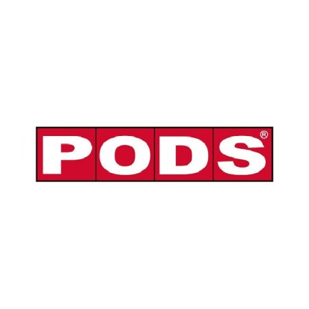  The word 'PODS' is written in white block letters and appears in a red box against a white background.