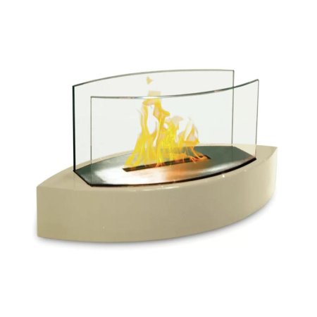  The Orren Ellis Craddock Bioethanol Tabletop Fireplace on a white background while burning a small fire.