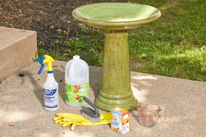 A green bird bath surrounded by the materials needed to clean it.
