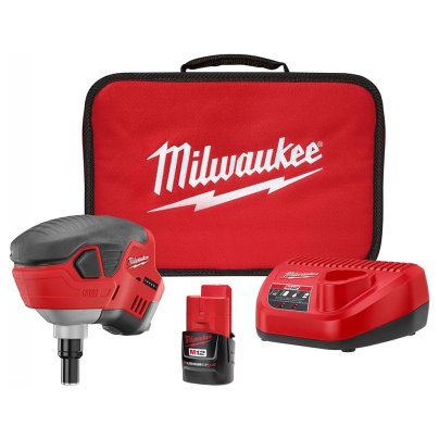 The Milwaukee M12 Cordless Lithium-Ion Palm Nailer Kit on a white background.