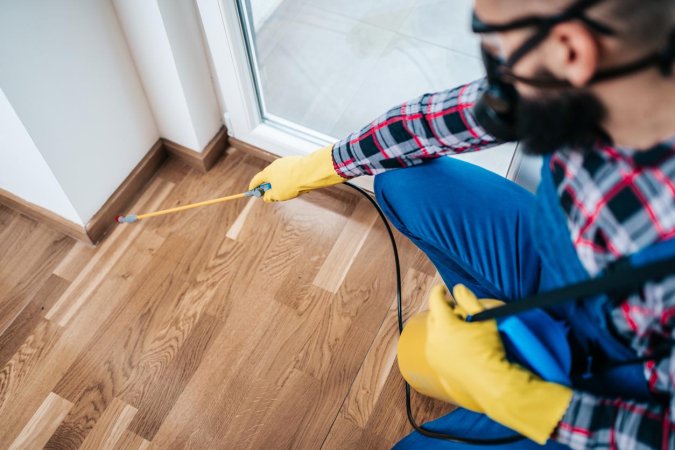 A worker sprays a solution between a shite wall and a wooden floor.