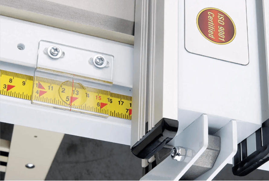 A close-up of the built-in ruler on the best table saw fence option