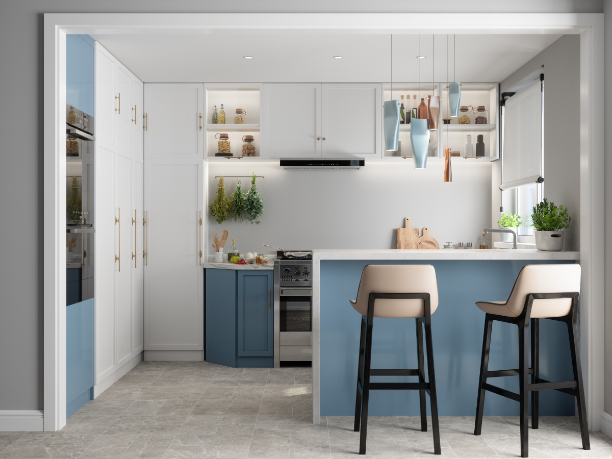 Kitchen with blue walls and white cabinets and trim