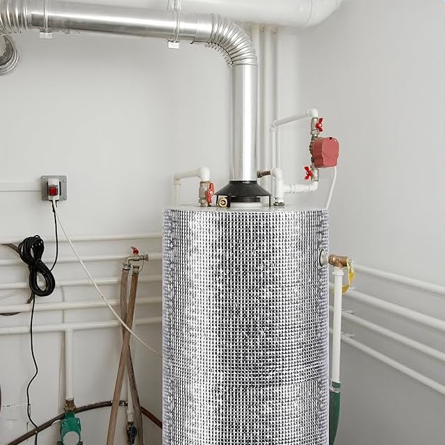 An insulating silver blanket on a hot water heater.