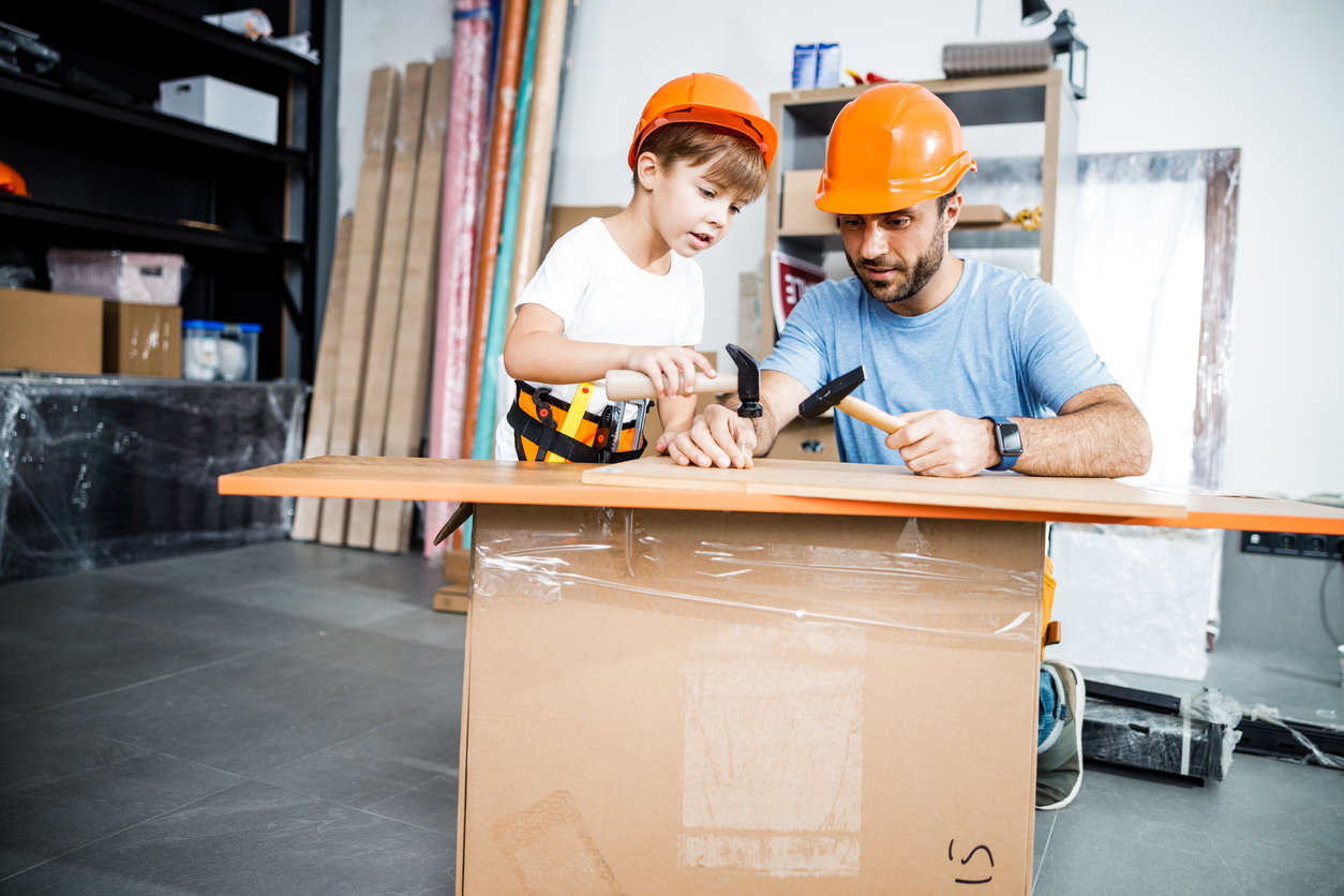 shop class for kids dad and son doing woodworking