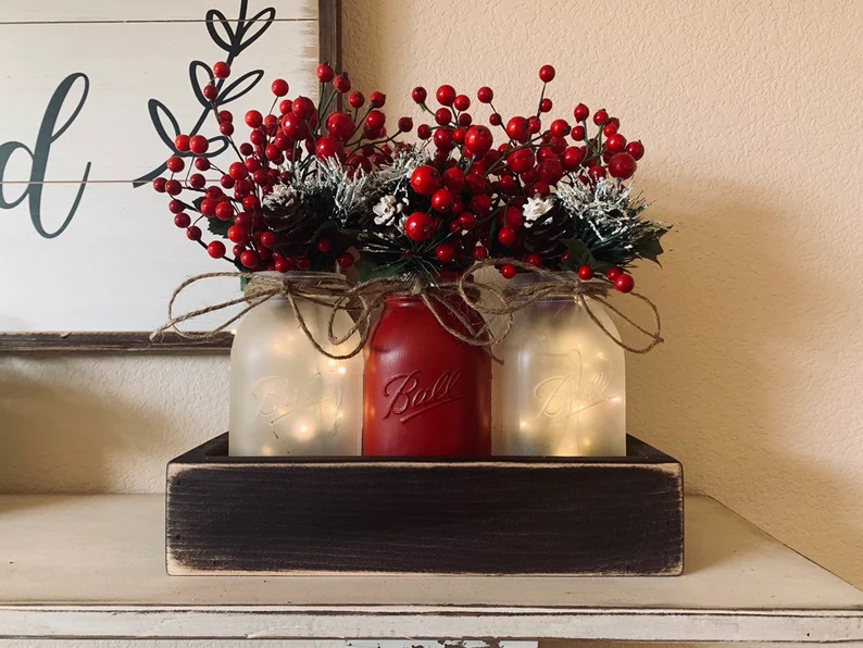 Etsy winter decor ideas mason jar centerpiece