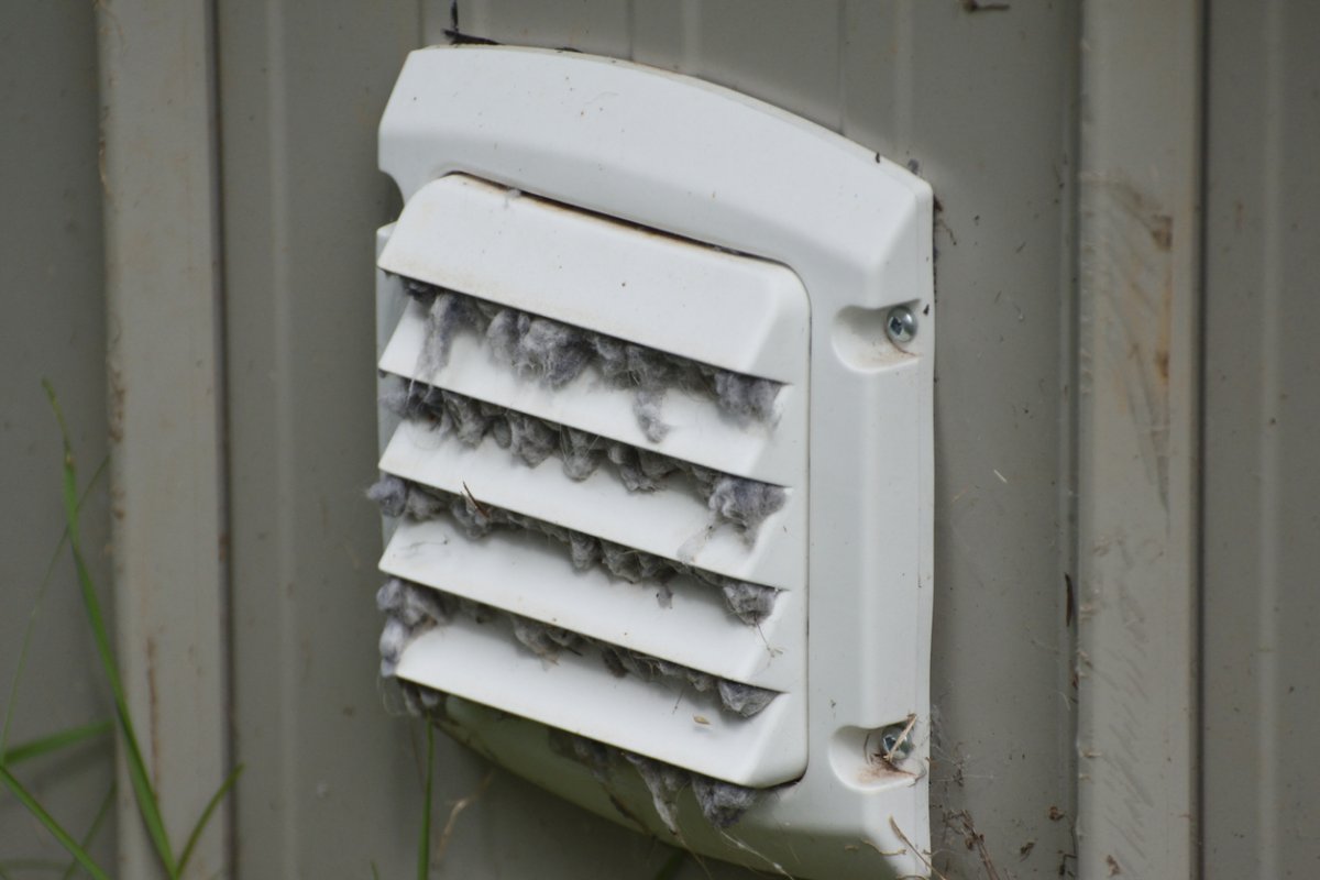 A dirty dryer vent with pieces of lint coming out of it.