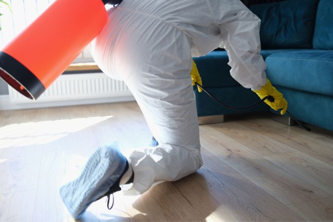 A worker wearing white protective clothing fumigates the inside of a house.