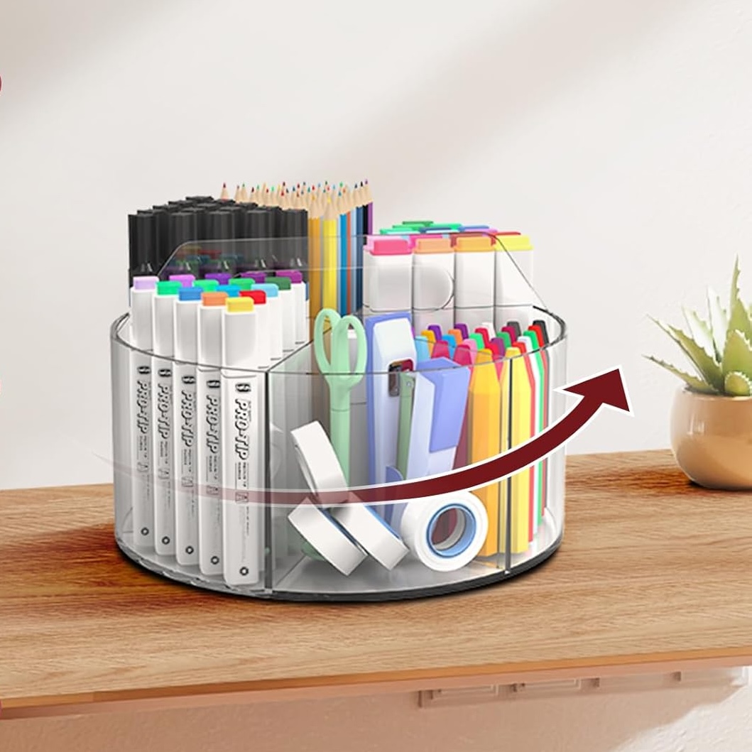 The Absonic acrylic pen holder can spin 360 degrees to keep all pens, markers, scissors, and office supplies in reach