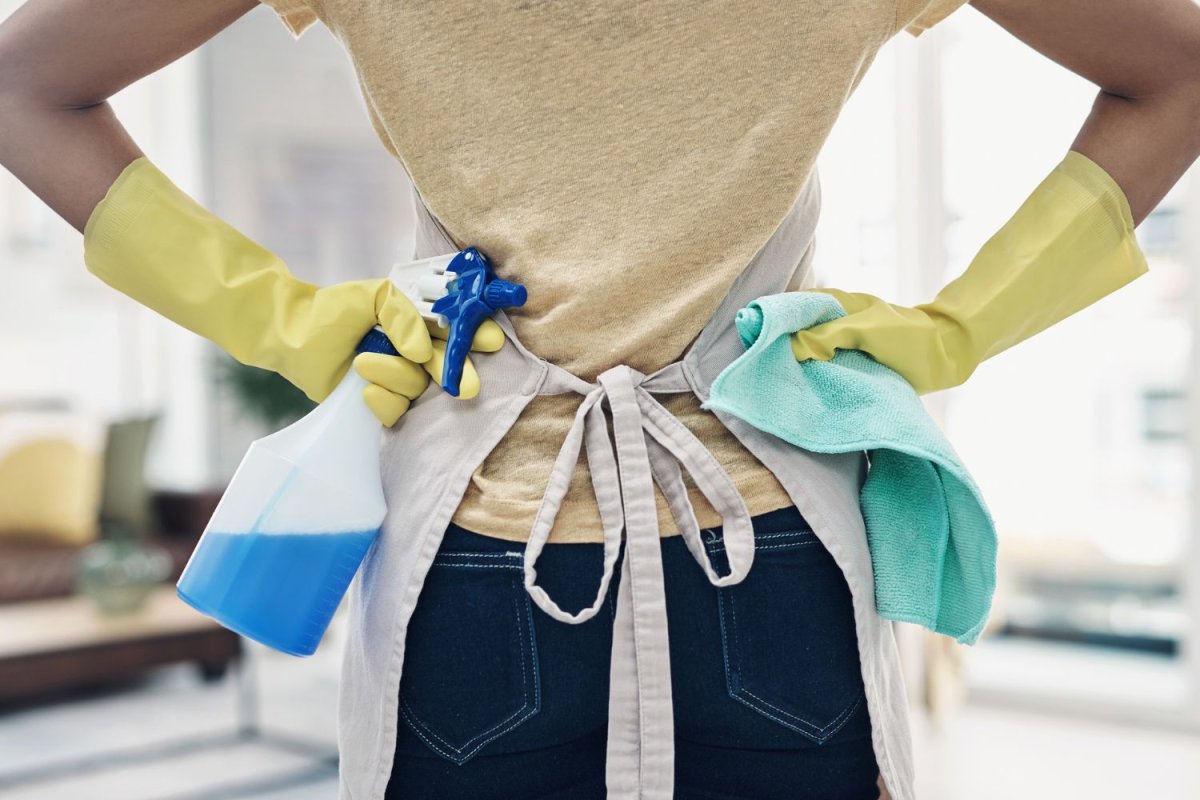 A close up of a person in yellow cleaning gloves holding cleaning supplies with their hands on their hips.