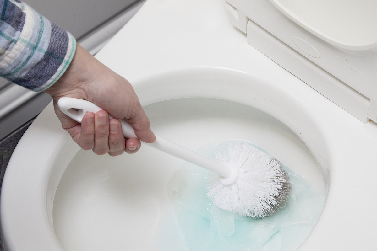 Person pushes toilet brush into toilet bowl in an attempt to clear a clog.