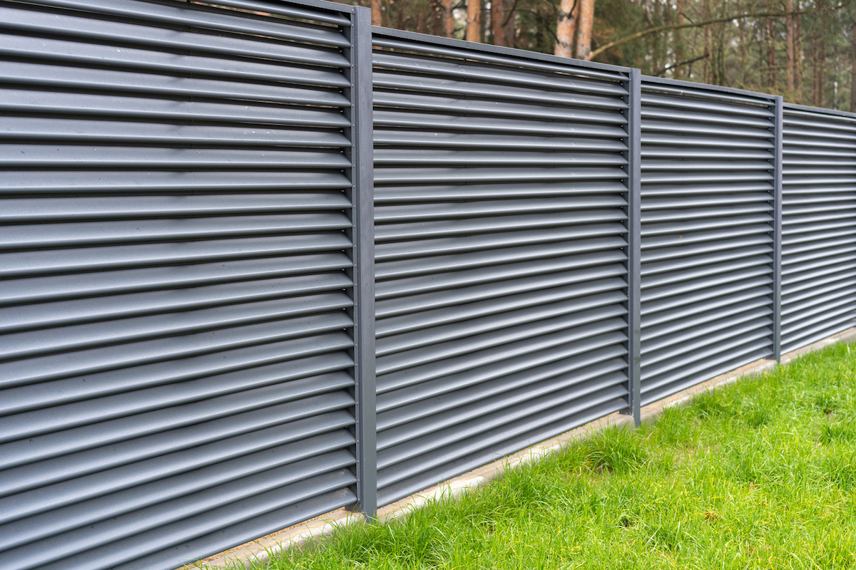 A grey corrugated metal fence lines a backyard with trees behind it.