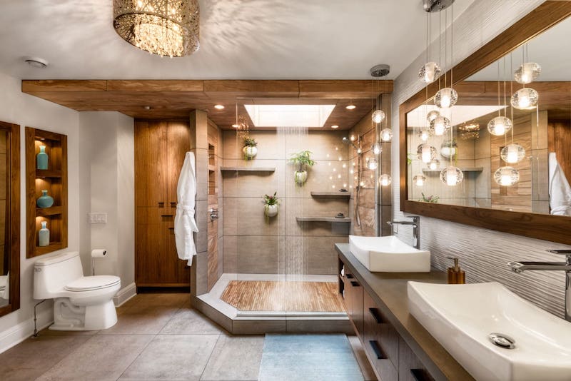 Zen-like bathroom with plants in shower