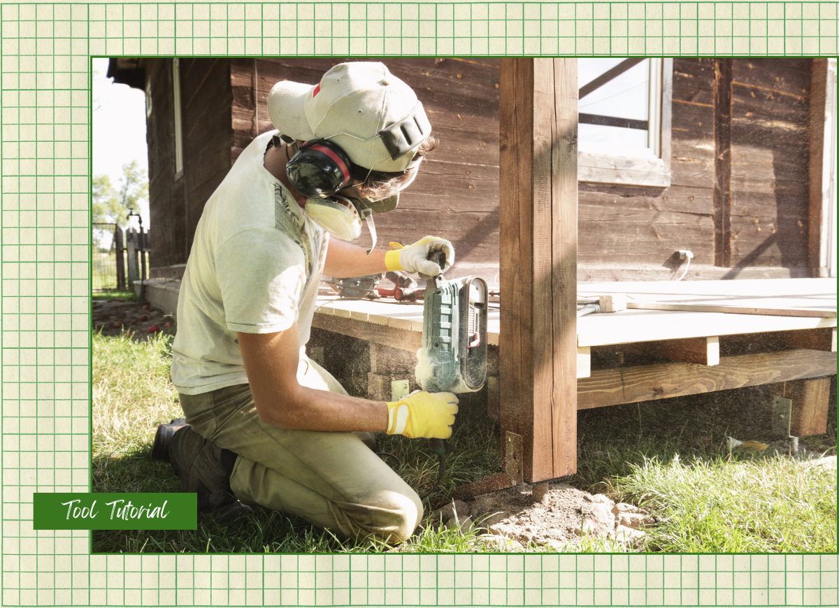 A DIYer using a belt sander to remove wood from a porch beam with a graphic overlay that says Tool Tutorial.