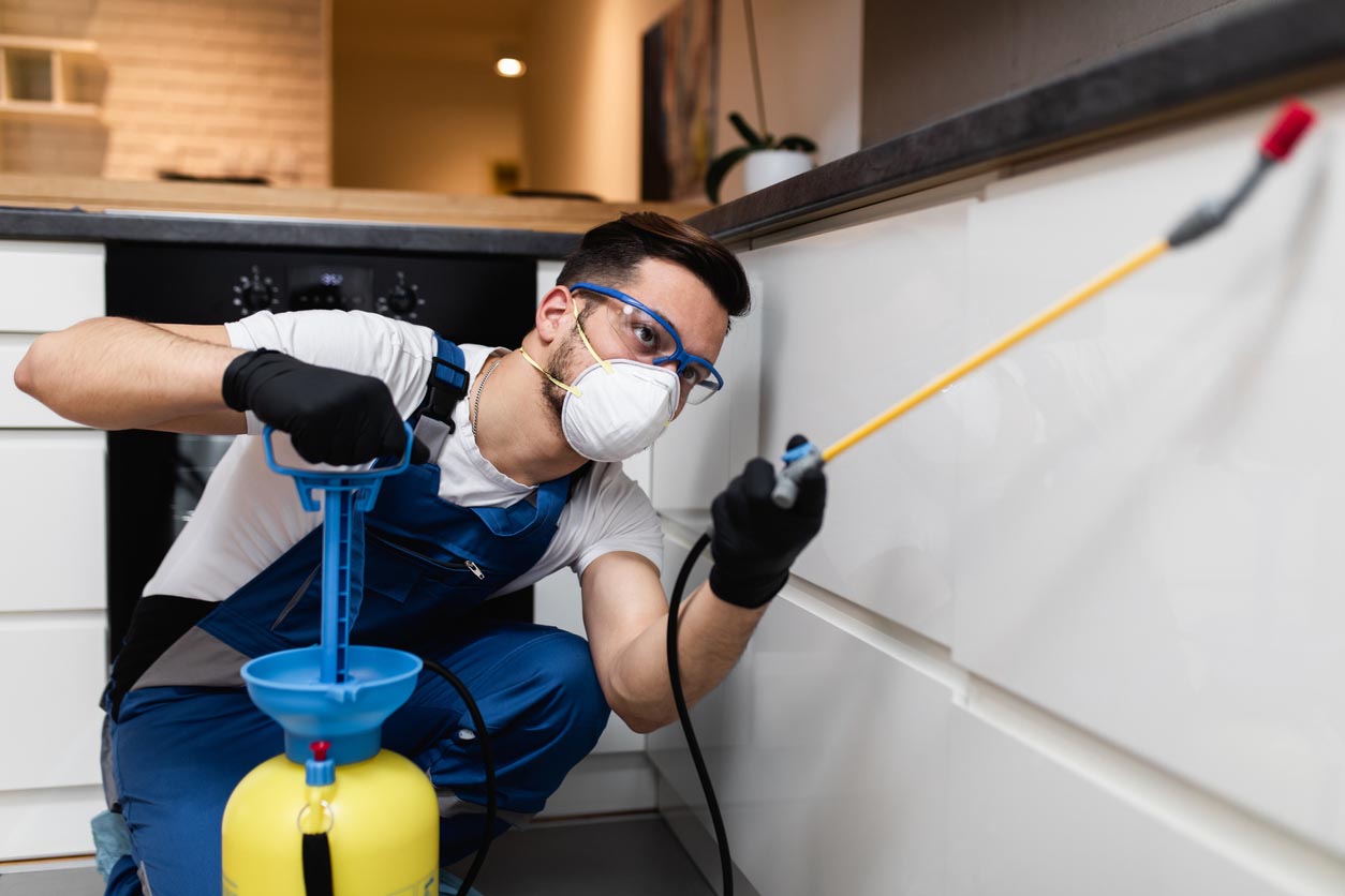 A pest control professional wearing personal protective equipment sprays the underside of a kitchen counter to treat a pest infestation.