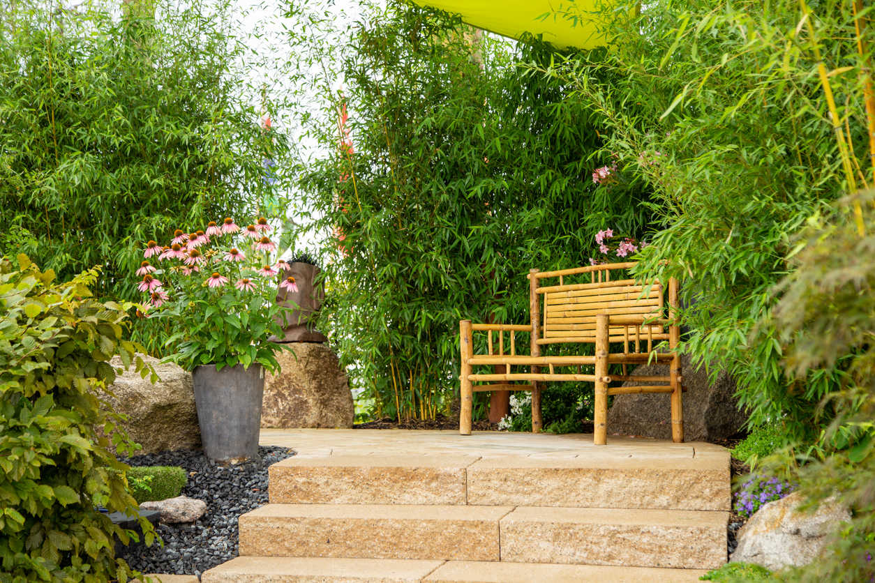 Garden seat surrounded by bamboo and other plantings