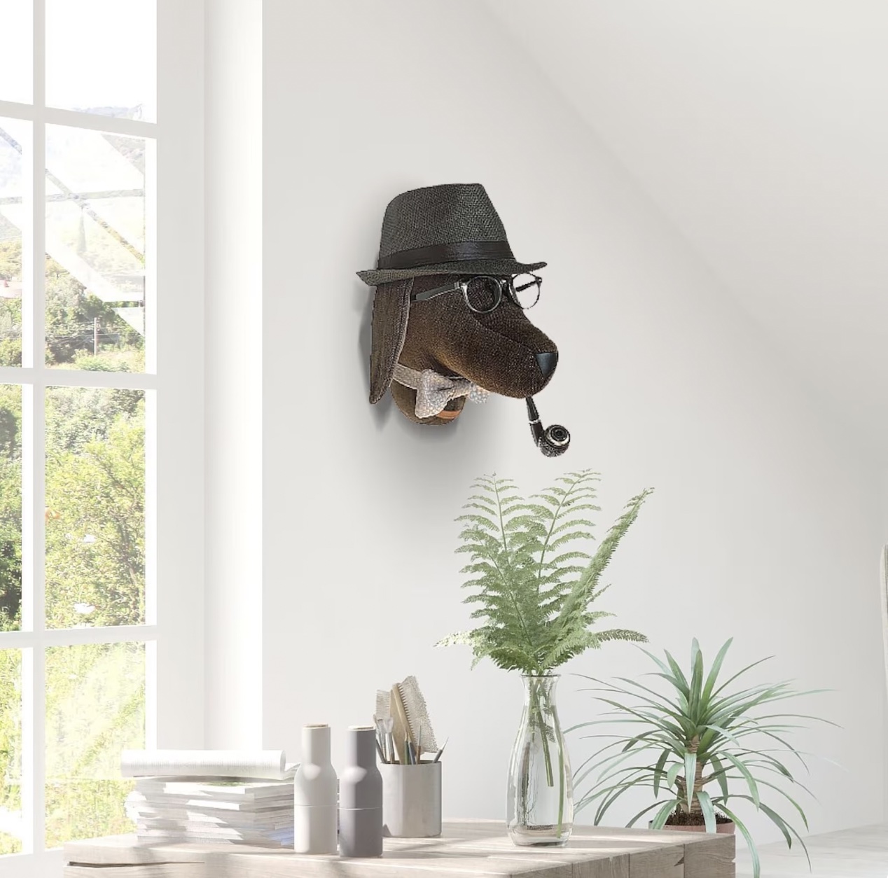 Wall sculpture of a dog head wearing a hat, pipe and glasses