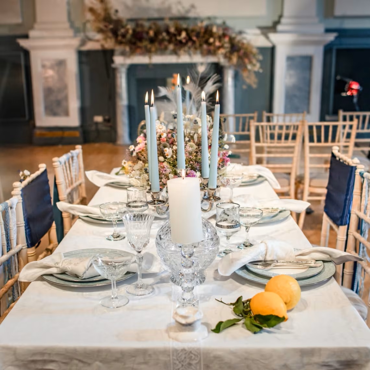 decor with candles - dinner set with blue taper candles