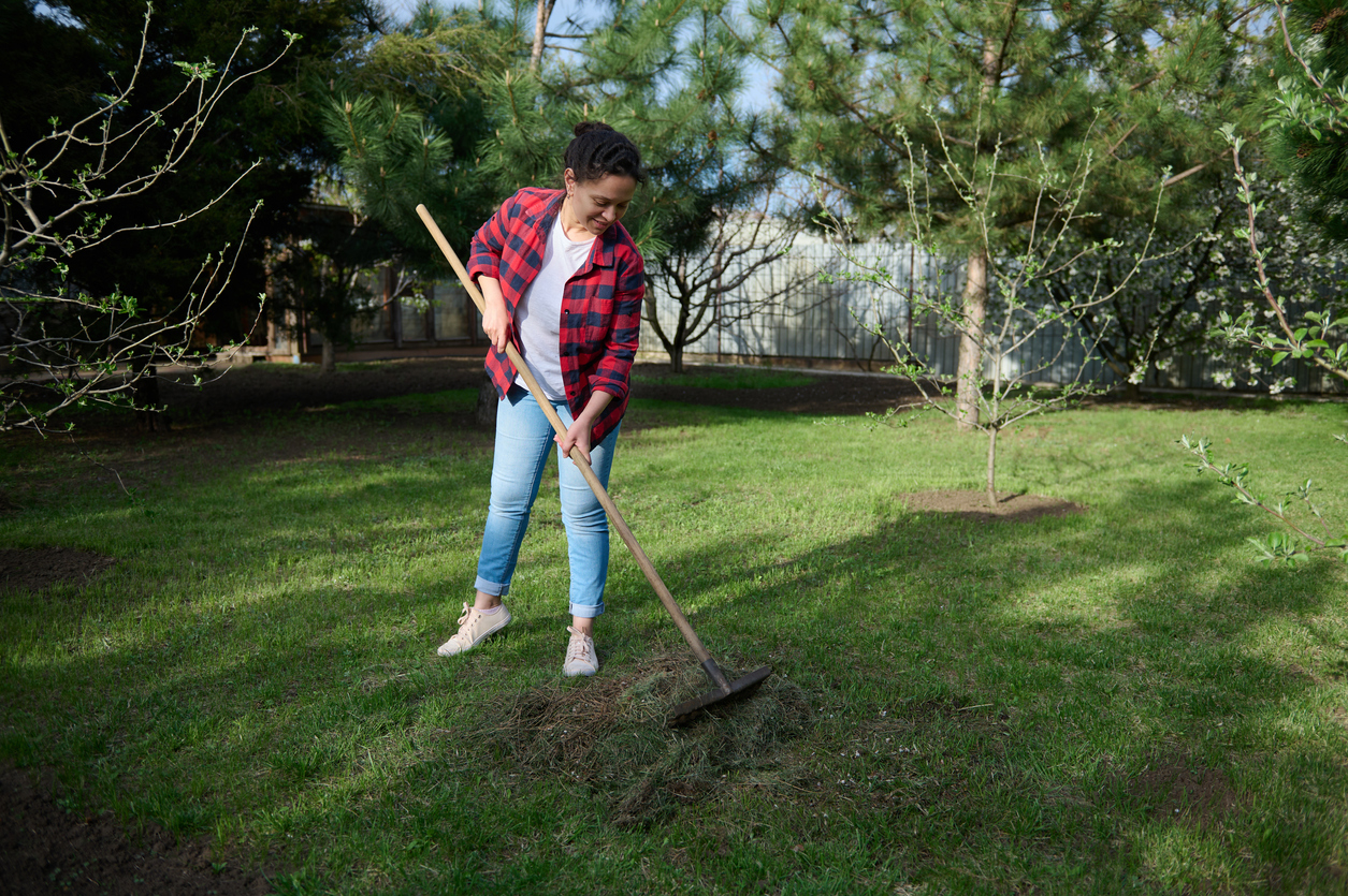 mowing mistakes everyone makes woman raking grass clippings on mowed lawn