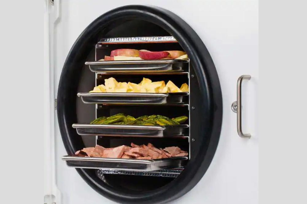 Close-up of several trays of food drying in the best freeze dryer