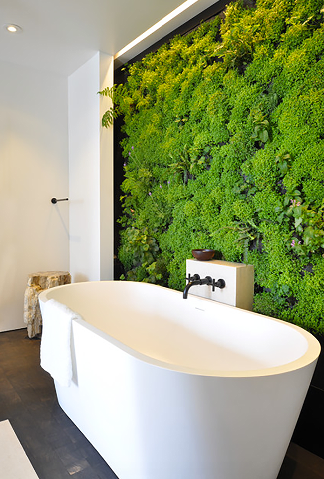 vertical garden inside a bathroom next to large soaking bath tub