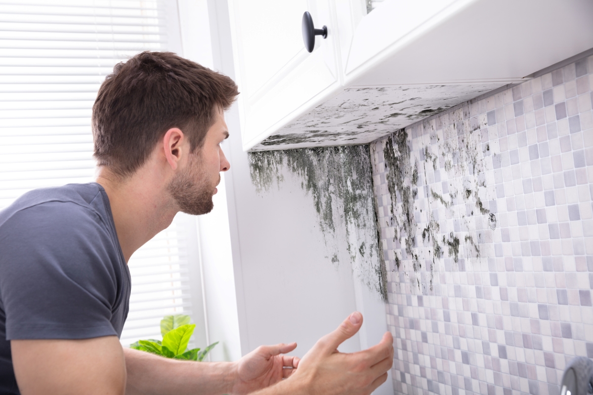 Man seeing mold in kitchen